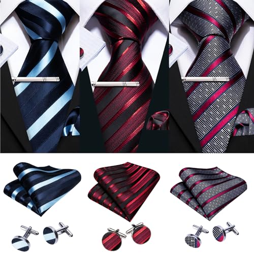 Image of Barry.Wang 6 PCS Men Ties Set Silk Business Fashion Woven Necktie Handkerchief Cufflinks Paisley Stripe Wedding Party