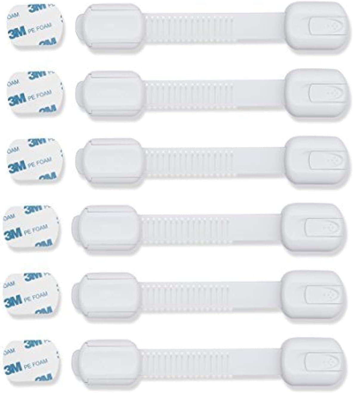 Child Safety Cabinet Locks (6 Pack) – Adjustable Baby Proofing Strap Latches with Strong 3M Adhesive – No Drill Childproof Locks for Drawers, Cabinets, Fridge, Door, Closet, White
