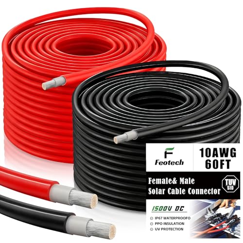 Feotech Twin Wire Solar Extension Cable 60FT - 10AWG (6mm²) Solar Panel Tinned Copper Wire for Outdoor, Automotive, RV, Boat and Marine Use - Black & Red