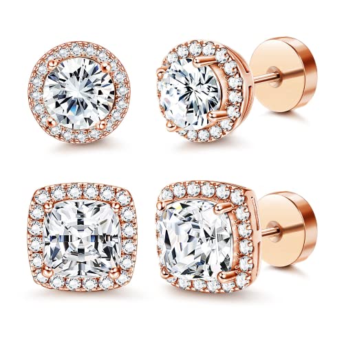 Morfetto 14K Pendientes Cuadrados Redondos con Espalda Plana para Hombres y Mujeres Pendientes Grandes de Circonita Cúbica Grandes Pendientes para Hombre Pendientes Planos Oro Rosado