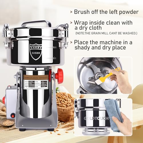Goldtouch GetreidemüHle Elektrische 2000g 3600W Electric Grain Mill 32000U/min 304 Edelstahl Kommerzieller Motor mit Überlastschutz,70-300 Mesh Mehlmühle,Schaukelnde Basis Kornmühle für Reis,Zimt,Mais