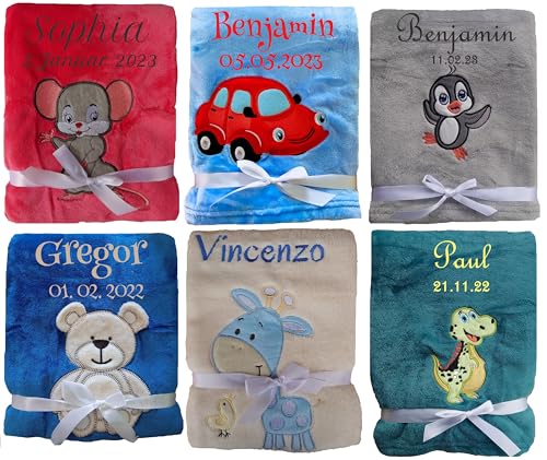 Wuff-Dogsworld Süße weiche Baby-Decke mit Namen Bestickt VIELE Farben + Geburtsdatum Junge Mädchen (mit Geburtsdaten)
