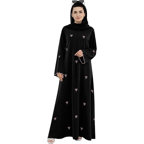 Abaya Dress for Muslim Women Embroidered Bow Front Zipper Prayer Robe Islamic Arabian Ramadan Eid Clothing
