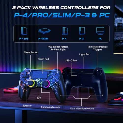 GamingBoy 2 Pack Wireless Controller for PS4, LED Controller for Ps4/Slim/Pro/PC with Adjustable RGB Light-up,Hall Effect Joystick,Dual Vibration,6-Axis Gyro,1000mAh Battery,USB C Port- Black - Thumbnail 5