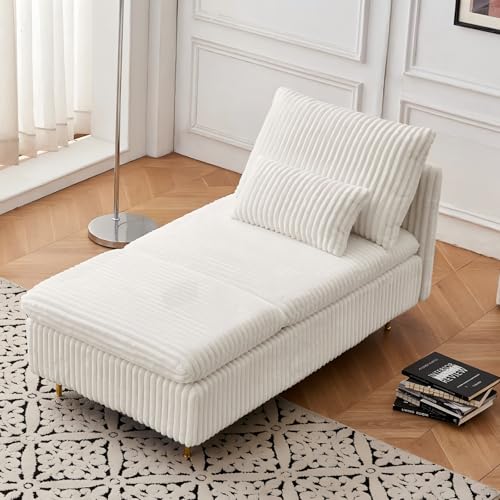 VASOENY Corduroy Chaise Lounge Indoor,33.07" Chaise Chair with Solid Wood Frame & Metal Legs,Upholstered Single Sleeper Sofa Couch Bed for Living Room, Bedroom, Office,Beige