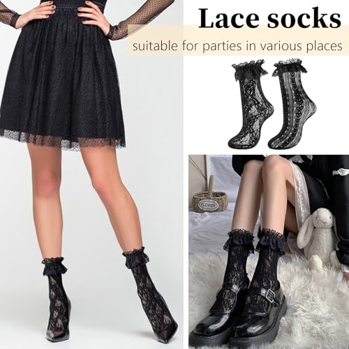 Image of Women Lace Ruffle Socks White Black Frilly Lolita Crew Dress Socks | Womens Ankle Lacy Ruffled Socks Adult Cute Soft Cotton Thin Sexy Mesh Lace Trim 80s Casual Church Socks for Ladies Big Girls