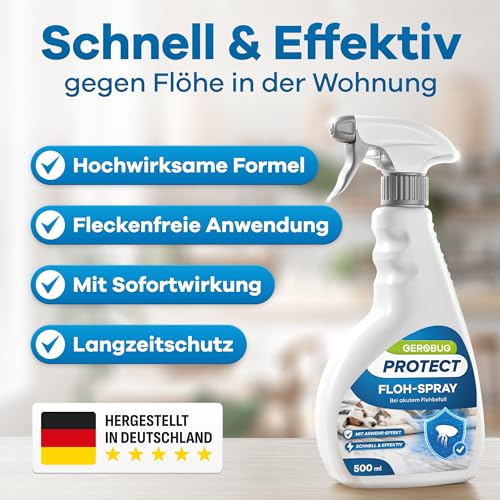 Gerobug Floh-Spray für Wohnung & Umgebung 500 ml mit Sofort-Effekt - Hochwirksames Mittel gegen Flöhe bei Hunden und Katzen - Starke Alternative zu Fogger gegen Flöhe