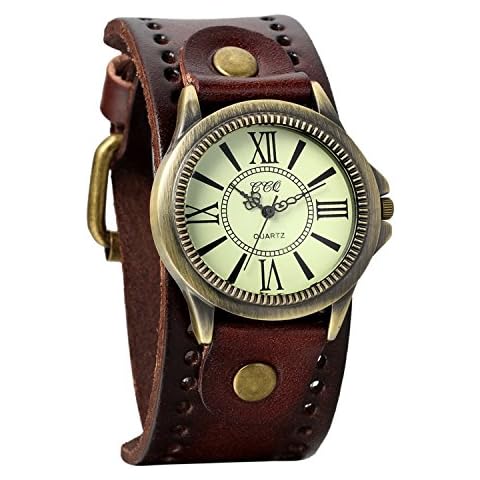 Avaner Vintage Bronze Leather Watches: Retro Steampunk Wide Cuff Analog Quartz Wrist Watches for Men and Women Cover