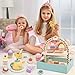 Wooden Tea Party Set for Little Girls, Tea Set Toddler Girl Toys, Pretend Play Tea Sets for Toddlers 3-5, Wooden Toys with Cupcake Stand & Play Kitchen Accessories for 3 4 5 6 Years Old Gifts
