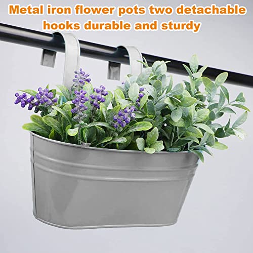 Metal Iron Hanging Flower Pots For Balcony Railing Planter Outdoor Hanging Bucket Pot Countryside Stylish Bucket Flower Holders With Detachable Hooks Window Flower Plant Holder (Gray, Orange) 4Pcs #TOP4