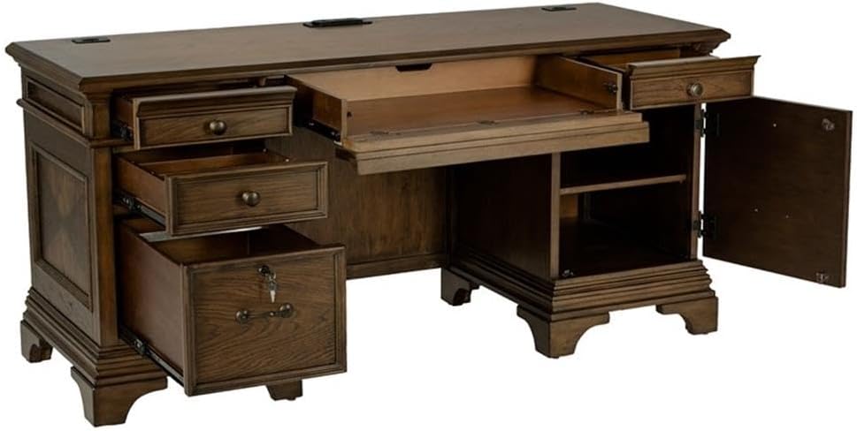 Pemberly Row 66" Wood 5-Drawers Credenza Office Desk in Burnish Oak