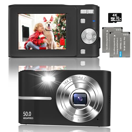 Digital Camera - 1080P 50MP Vlogging Camera with 16X Digital Zoom Compact Camera with 32GB SD Card and 2 Batteries Portable Mini Camera for Photography Tiktok Youtube Teens Kids Beginners (Black)