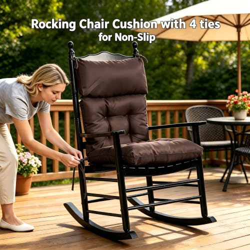 Image of QILLOWAY Outdoor Rocking Chair Cushions Set of 4, 100% Polyester Waterproof Patio Rocking Chair Cushion, High Back Weatherproof Chair Pad for Adirondack & Outdoor Furniture, Coffee