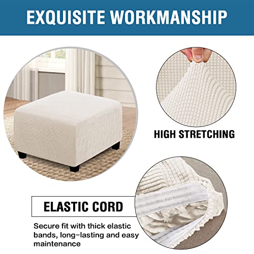 Image of H.VERSAILTEX Square Ottoman Covers Ottoman Slipcovers Folding Storage Stool Furniture Protector Form Fit with Elastic Bottom, Stretch High Spandex Small Checks Jacquard Fabric(Large,Ivory)