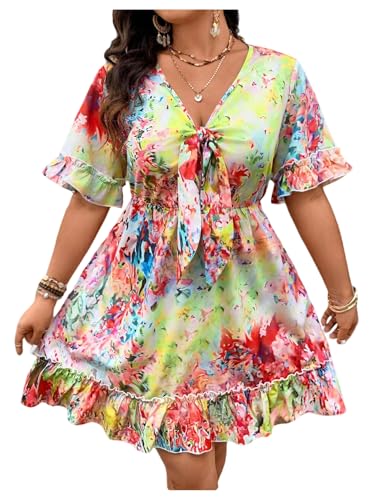 Image of SOLY HUX Women's Plus Size Boho Floral Print Short Sleeve Dress Ruffle Hem V Neck Short Dresses