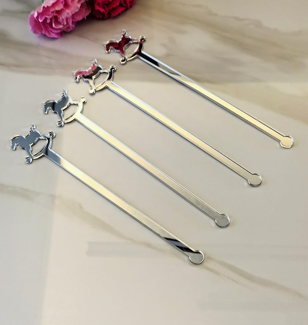 Agitateurs cocktail cheval à bascule argent pour baptême et baby shower