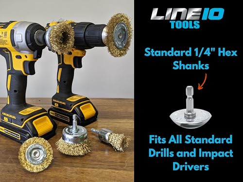 Image of LINE10 Tools 15pk Small Wire Wheel Brush Set for Drill and Impact Driver 2-Inch Round Mini Brass Coated Steel Wire Brushes for Rust Removal Paint Stripping Deburring Metal, 1 /4 inch Hex Shank Attachment