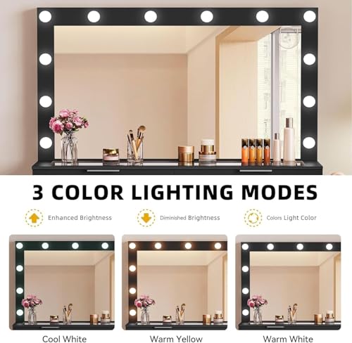 Image of DWVO 10 Drawer Large Makeup Vanity Table with Glass Top, LED Mirror, Charging Station & Cushioned Storage Stool, 46-Inch Dressing Desk Set with 3 Lighting Modes Brightness Adjustable, Dark Black