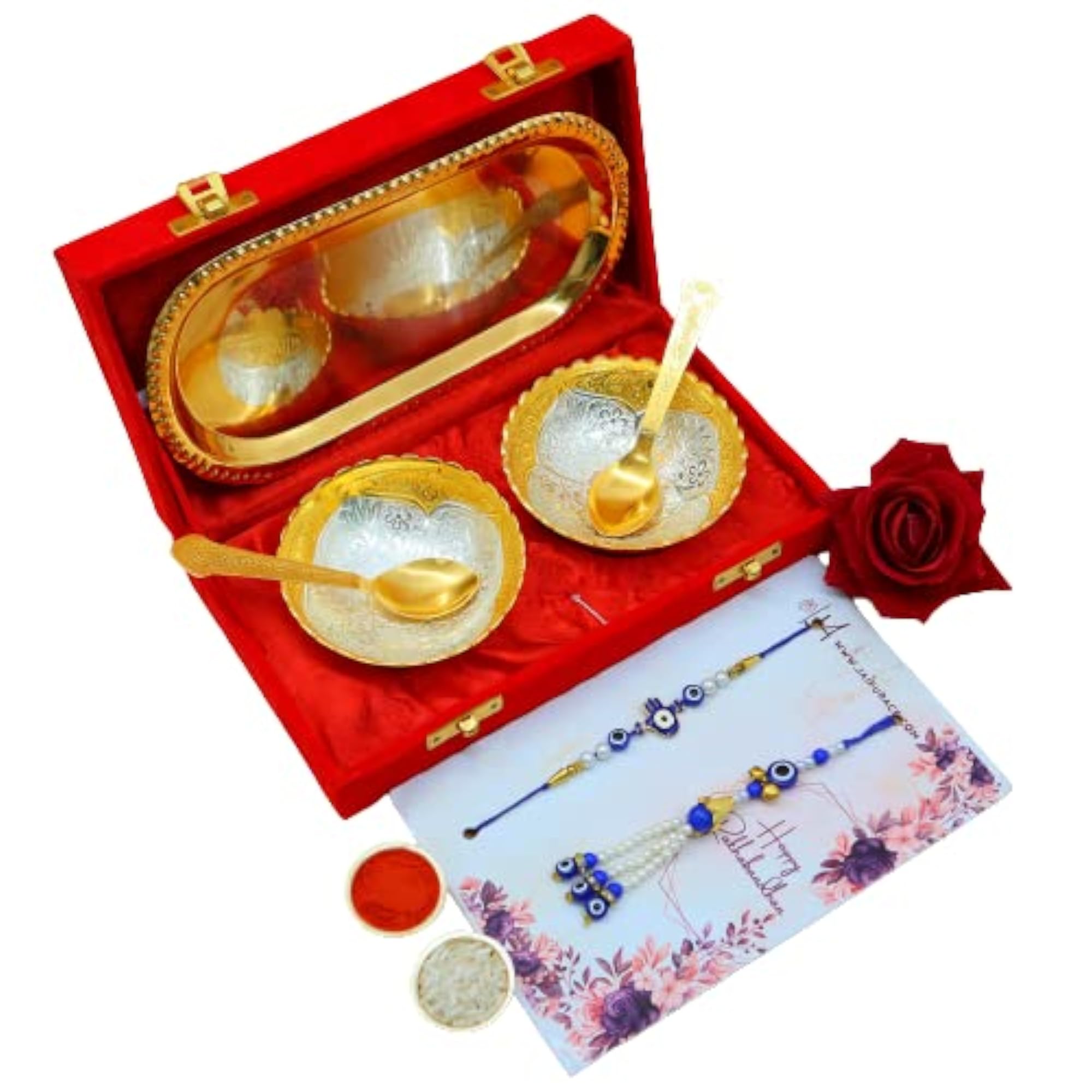 Handmade Colorful Rakhi Set with Silver & Gold Bowls