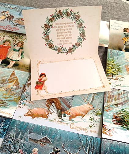Image of PIXILUV WHITE CHRISTMAS (Pack of 12) Notecards Small Greeting Cards # Cold Wintery Christmas Scenes ~ Vintage Christmas Postcards Reprint