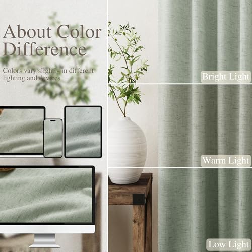 Image of Desert Sage 100% Blackout Linen Curtains 108 Inches Long for Bedroom Back Tab Thermal Insulated Modern Farmhouse Decor Black Out Curtain for Living Room Floor to Ceiling High Window 52x108, 2 Panels