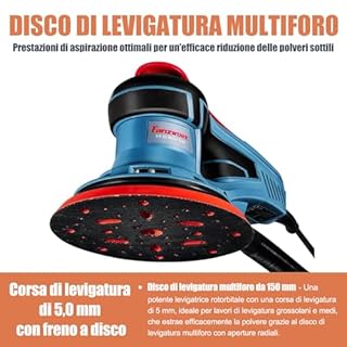 FANZTOOL Levigatrice Rotorbitale Senza Spazzole, con Platorello da 125/150mm, Corsa di Levigatura da 5mm, 7 Velocità fino a 10.000 Giri/min, FRENO DEL PLATORELLO, 18 Reti Abrasive, Valigetta