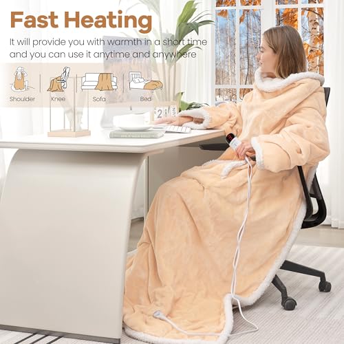 Wearable Electric Blanket with Foot Pocket and Sleeves, Heating Throw Blanket, 6 Heating Levels & Auto Shut Off, Machine Washable (Long, Beige)