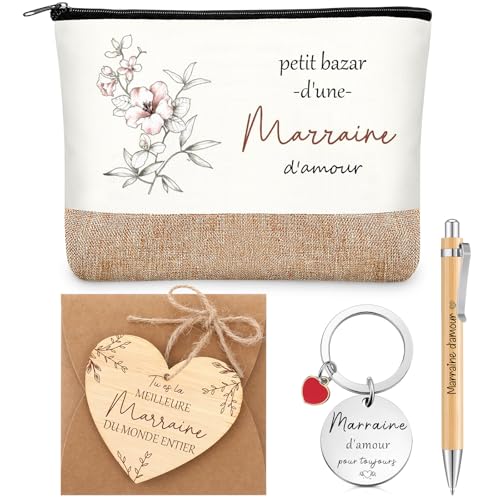 Tenare 6 Pièces Cadeaux pour Marraine Trousse de Maquillage Porte-Clés Stylo à Bille en Bois Plaque en Bois de Cœur avec Ficelle Enveloppe Cadeau Marraine...