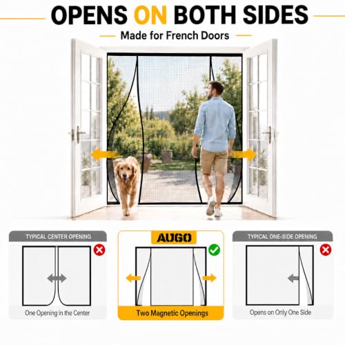 Image of AUGO French Door Magnetic Screen Door - Self Sealing, Heavy Duty, Hands Free Mesh Partition Keeps Bugs Out - Pet and Kid Friendly - Patent Pending Keep Open Feature - 74 Inch x 81 Inch
