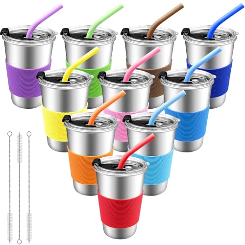 ASMIZ Lot de 10 Gobelets Inox 500 ml pour Adultes avec Couvercles, Mug Isotherme avec Manchons Colorés, Gobelets Métal Réutilisables pour Fête, Voyage et...