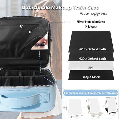 Image of MOMIRA Travel Makeup Bag Cosmetic Bag Makeup Organizer Bag with Lighted Mirror, Adjustable Brightness in 3 Color Scenarios, Waterproof Makeup Train Case, Gift for Women - Classic Blue(Woven)
