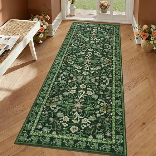 Carpet Runners for Hallways Washable Floral Hallway Runner Rug Green 65x180cm Boho Non-slip Kitchen Runner Floor Mat Low Pile Floor Carpet for Entrance Laundry Bedroom