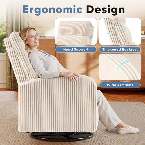 Image of DUMOS 360 Swivel Nursery Chair, Comfy Chair for Bedroom, Rocking Chair with Thickened Seat Cushion, High Back Sofa Chairs for Living Room, Nursery Room and Reading Room, Beige