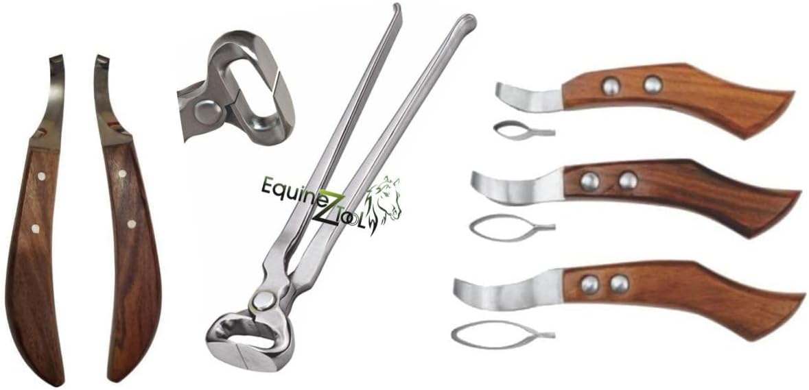 Hoof Nipper 14" and Farrier Hoof De Knives & Loop Knives Hoof Knife Set – Professional Farrier Hoof Trimming Kit for Horses, Sharp Carbon Steel Blades & Ergonomic Wooden Handles