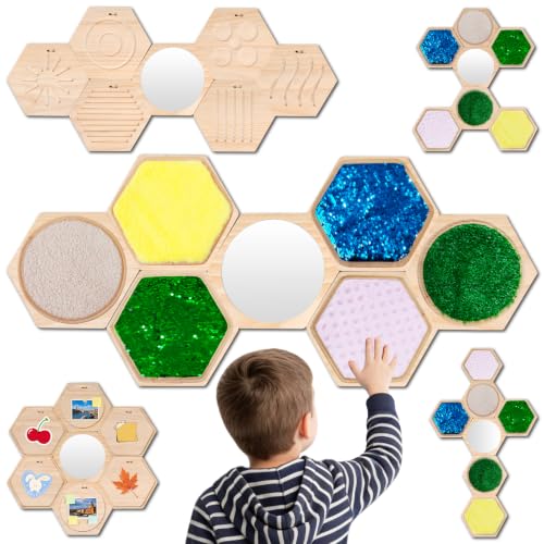 Image of 13-Piece Wooden Sensory Wall Panel Set with Double-Sided Activities,Hexagon | Double-Sided Tactile Boards with Interchangeable Texture Pads,Fine Motor & Finger Tracing Paths
