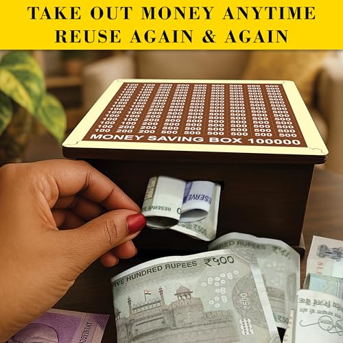 Image of SWAGSTATION Money Saving Box for Kids and Adults | Wooden Money Bank with Lock | Big Size Piggy Bank 2 Lakh Target | 1 Lakh Saving Box with Numbers | Undiyal Hundi Piggy Bank (1 Lac Money Box)