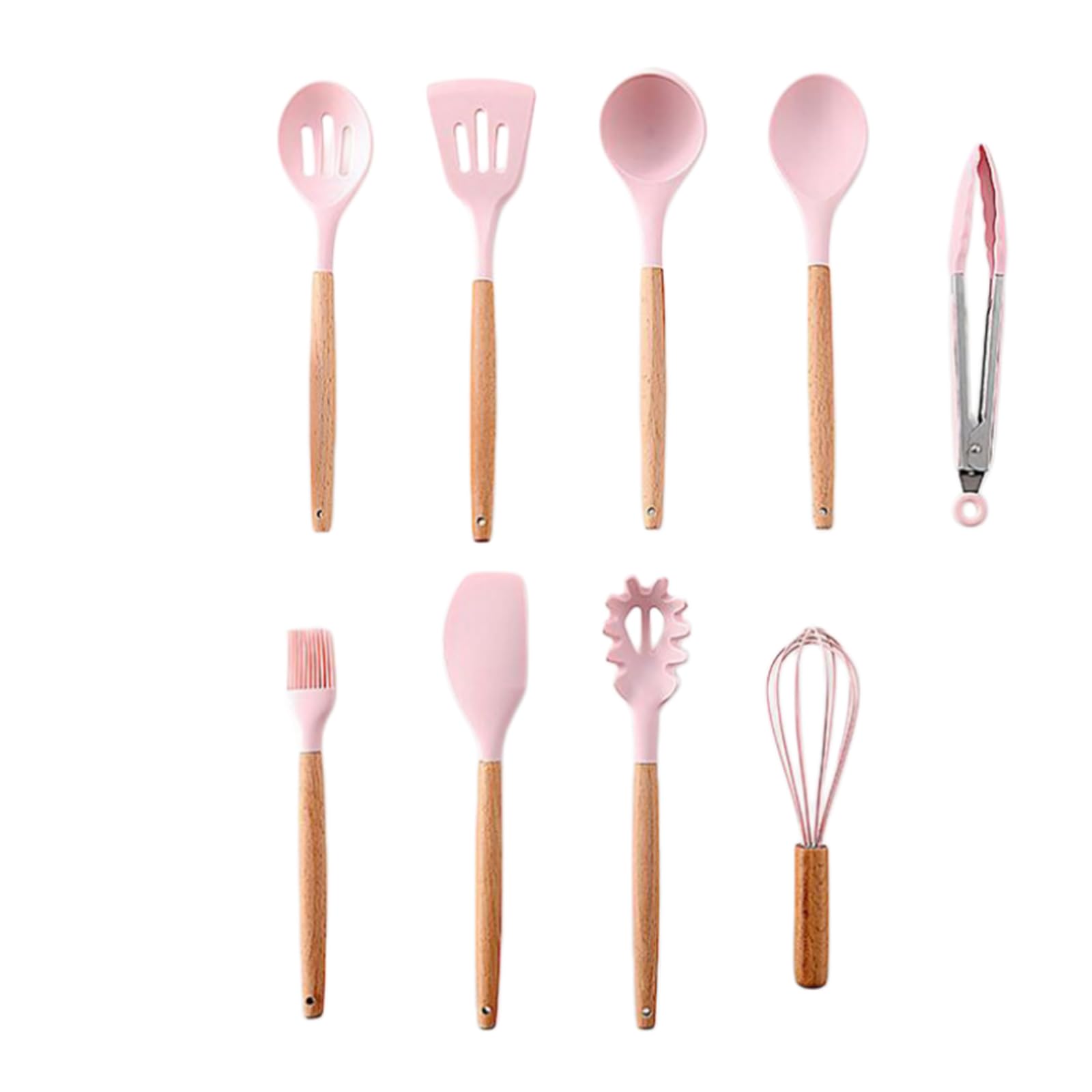 11-teiliges Küchenhelfer-Set aus Silikon mit Buchenholzgriffen, rosa, hitzebeständige Antihaft-Kochutensilien, Pfannenwender, Schöpfkelle, Zange und Aufbewahrungseimer