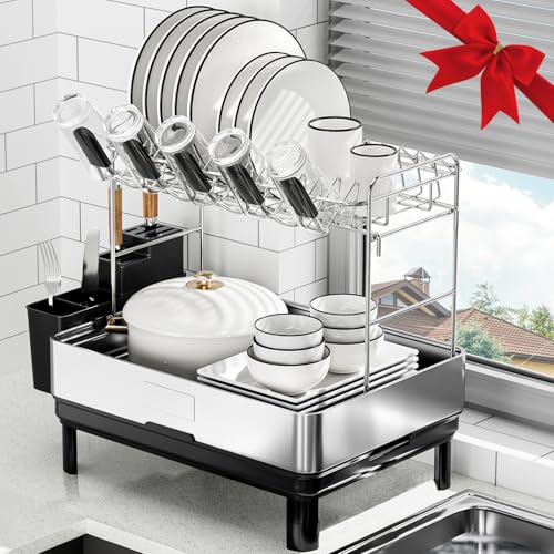 SanDream 2 Tier Dish Drying Rack, 304 Stainless Steel Dish Rack for Kitchen Counter, Large Dish Drainer with 360°Rotatable Drain Spout & Utensil Holder & Cups Holder, Dish Rack with Draining Tray