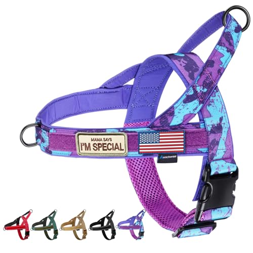 Annchwool No Pull Dog Harness with Soft Padded Handle-Escape Proof and Quick Fit to Adjust Dog Harness-Easy for Training Walking for Small & Medium and Large Dogs(Camo Purple,XS,1 in Width)