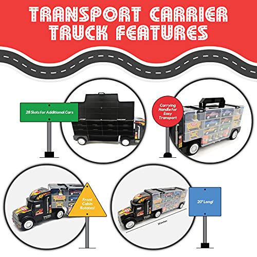 Toy Truck Transport Car Carrier Toy For Boys And Girls Age 3 - 10 Yrs Old - Hauler Truck Includes 6 Toy Cars And Accessories - Car Truck Fits 28 Car Slots - Ideal Gift For Kids #TOP2