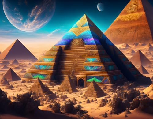 Pyramide égyptienne fantastique œuvre sur toile d'art SERENDIPITP grand format 58 x 90 cm sans cadre