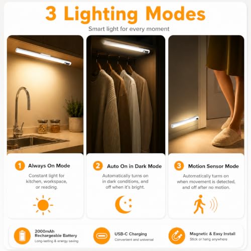 Image of 15.2inch Under Cabinet Lighting,2 Pack Sensor Light Indoor with Battery Level Display Function,Closet Light can be Disassembled for Handheld use,Wireless Under Counter Lights fo Bedroom, Kitchen