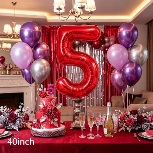 Image of Number Balloons Red Party Balloon - 40 Inch Large Number 5 Balloon, Numbers Balloon Birthday Decorations, Red Party Supplies for Anniversary
