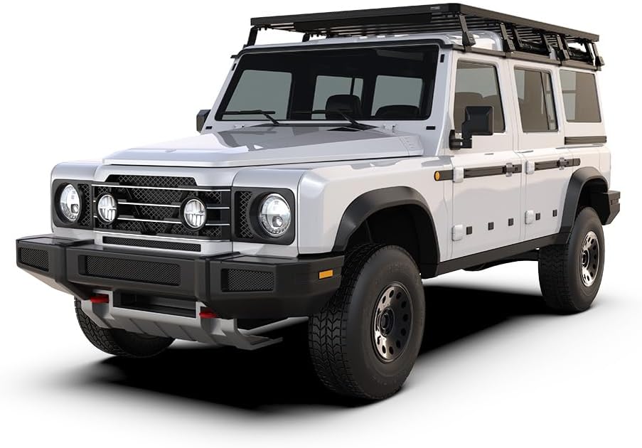 Front view of the Ineos Grenadier with the Slimline II Roof Rack installed.