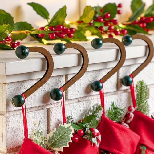 Reallnaive 4 Pack Christmas Stocking Holders for Mantle, Wooden Clip Hooks