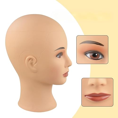 Miniatura 3 de YTBYT Cabeza de maniquí calva para mujer, cabeza de peluca profesional para hacer pelucas, sombrero, lentes con pasadores en T (color de piel de 20
