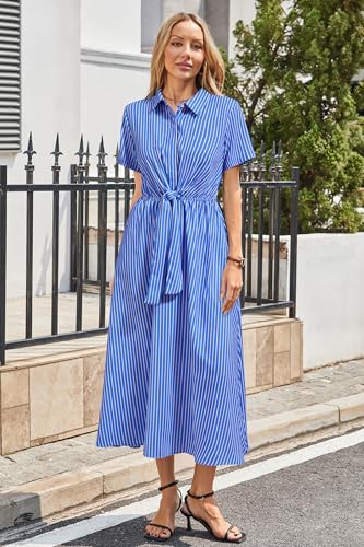 Image of Newshows Women's Work Business Casual Outfits Tie Waist Midi Shirt Dress | Lightweight & Breathable Easy-care Fabric, Side Pockets, Decent Professional Attire, Church Office Funeral Outfits