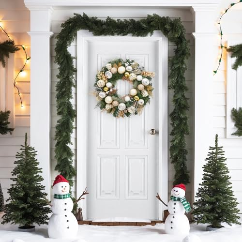 Garveehome 24 In Christmas Wreath With Lights for Front Door, Pre-Lit Christmas Wreath, Battery Operated, Lighted Xmas Door Wreath with Ball Ornaments for Christmas Door Fireplace Decor, Gold & Silver