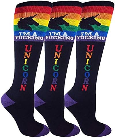 MOXY Socks Rainbow Unicorn Knee High Athletic Socks, Black Cotton Blend Stretch Tube Socks, Stay-Up Ribbed Cuff, 3 Pairs