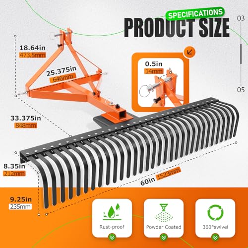 Image of KUAFU 60 in Landscape Rake Compatible with Category-1 Tractor 3 Point